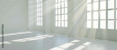 Sunlight streams through large windows  casting a geometric dance of shadows.