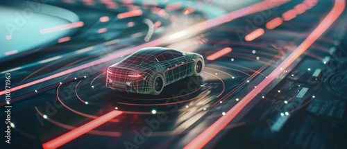 Conceptual smart car glides over futuristic highway, agility in motion.