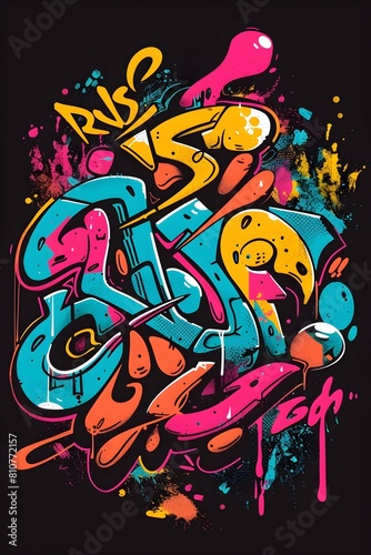 Vibrant Graffiti Inspired Streetwear Graphic Design with Bold Lettering and Splattered Colors on Black Background