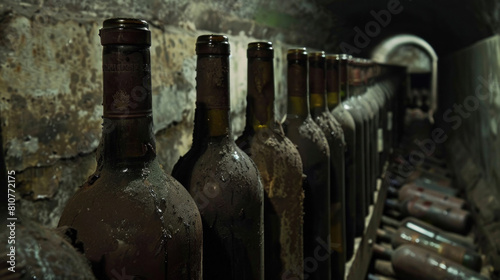 Bottles of old wine stand lined up in a dark cellar.