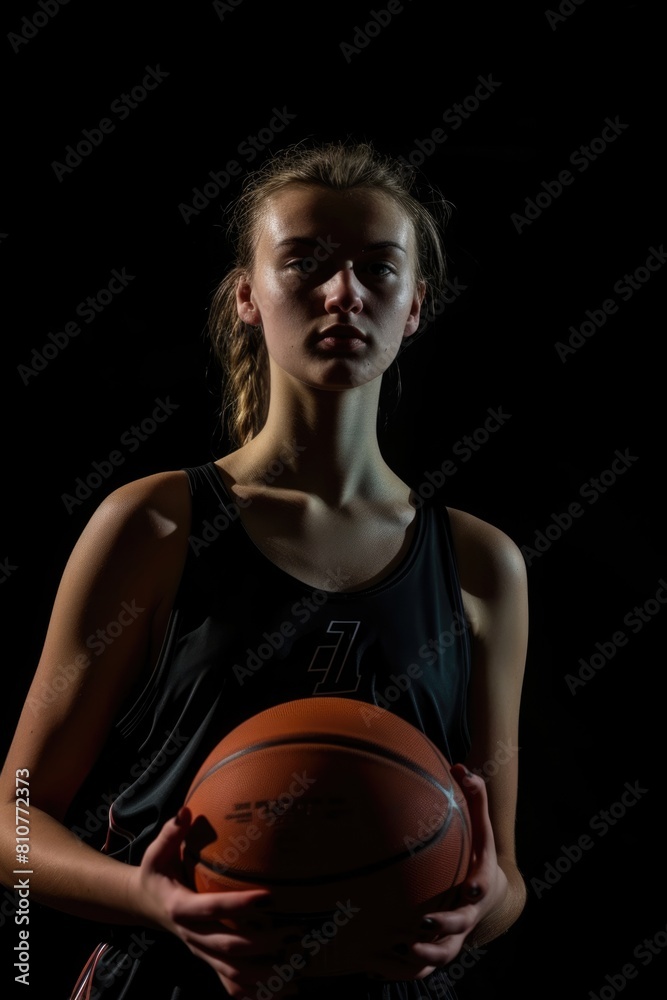 Young blonde female basketball player holding ball, ready to play match on dark background photo. Fictional Character Created By Generative AI. Young blonde female basketball player holding ball, ready to play match on dark background photo. Fictional Character Created By Generative AI.