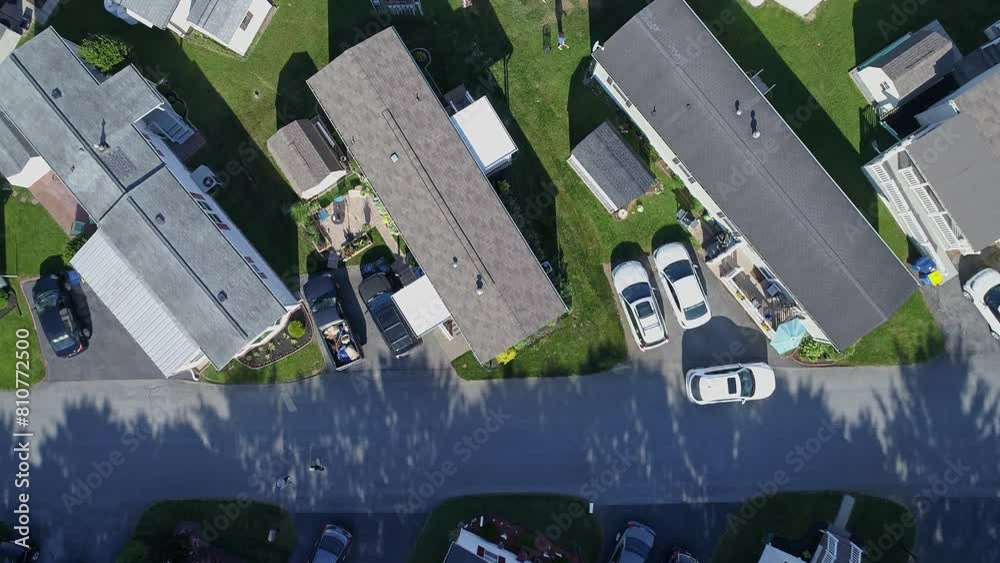 An Aerial Down Looking View of a Well Kept Mobile, Manufactured, Prefab Home Park of Single Wide and Double Wide Houses on a Sunny Day