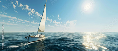 A solitary sailboat journeys towards the sunlit horizon, embracing the vastness of the open sea. © Ai Studio