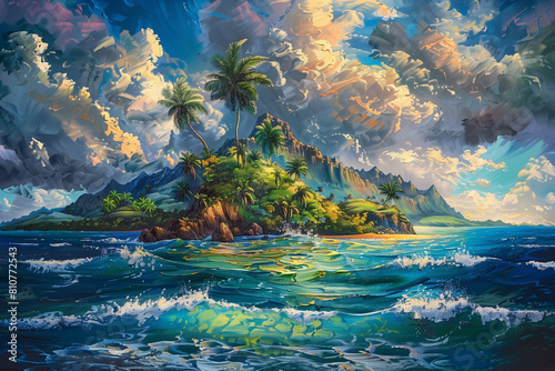 dramatic, island, illustration, summer, vacation, background, landscape, painting, art, relaxing, relaxation, travelling, travel, trip, palm, trees, sky, clouds, sea, ocean, water, waves, beach, sunse photo