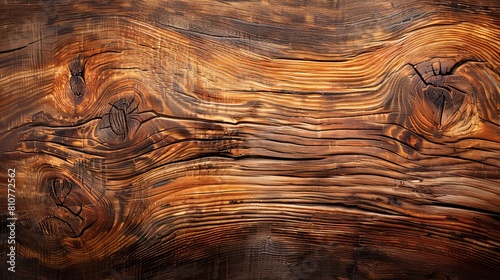 Panoramic shot of oak wood with rich brown and golden hues, emphasizing grain texture and three-dimensional depth, under studio lighting