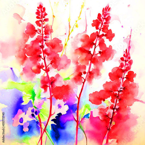 Floral colourful bloomy vibrant watercolour oil painting splash colour of coral-bells flowers
