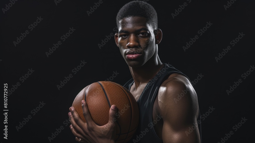 Young African male basketball player holding ball isolated on dark background photo. Fictional Character Created By Generative AI. Young African male basketball player holding ball isolated on dark background photo. Fictional Character Created By Generative AI.