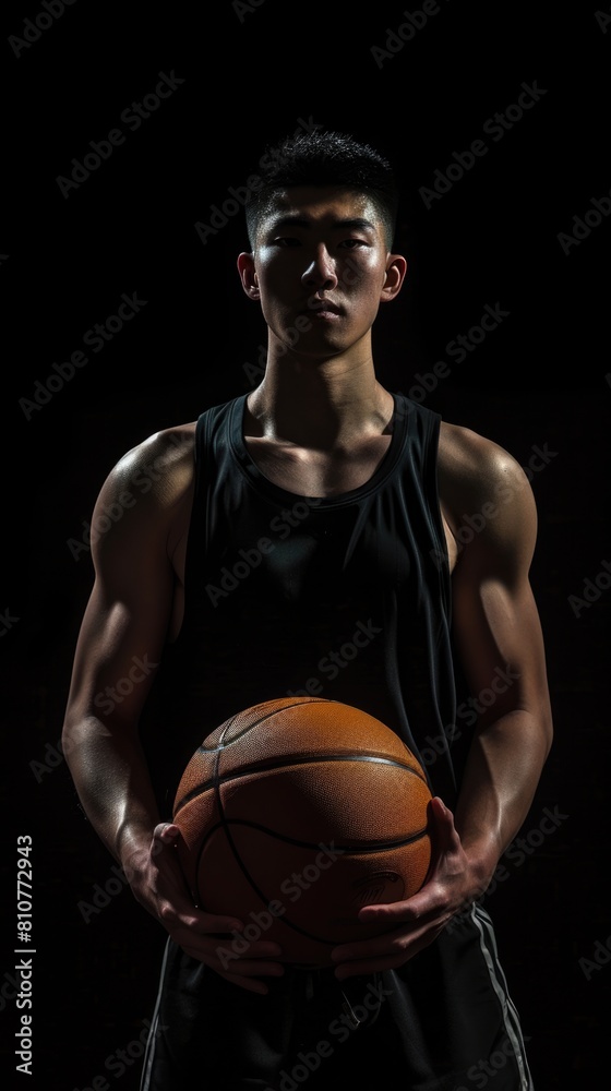 Young Asian male basketball player holding ball, ready to play match on dark background photo. Fictional Character Created By Generative AI. Young Asian male basketball player holding ball, ready to play match on dark background photo. Fictional Character Created By Generative AI.