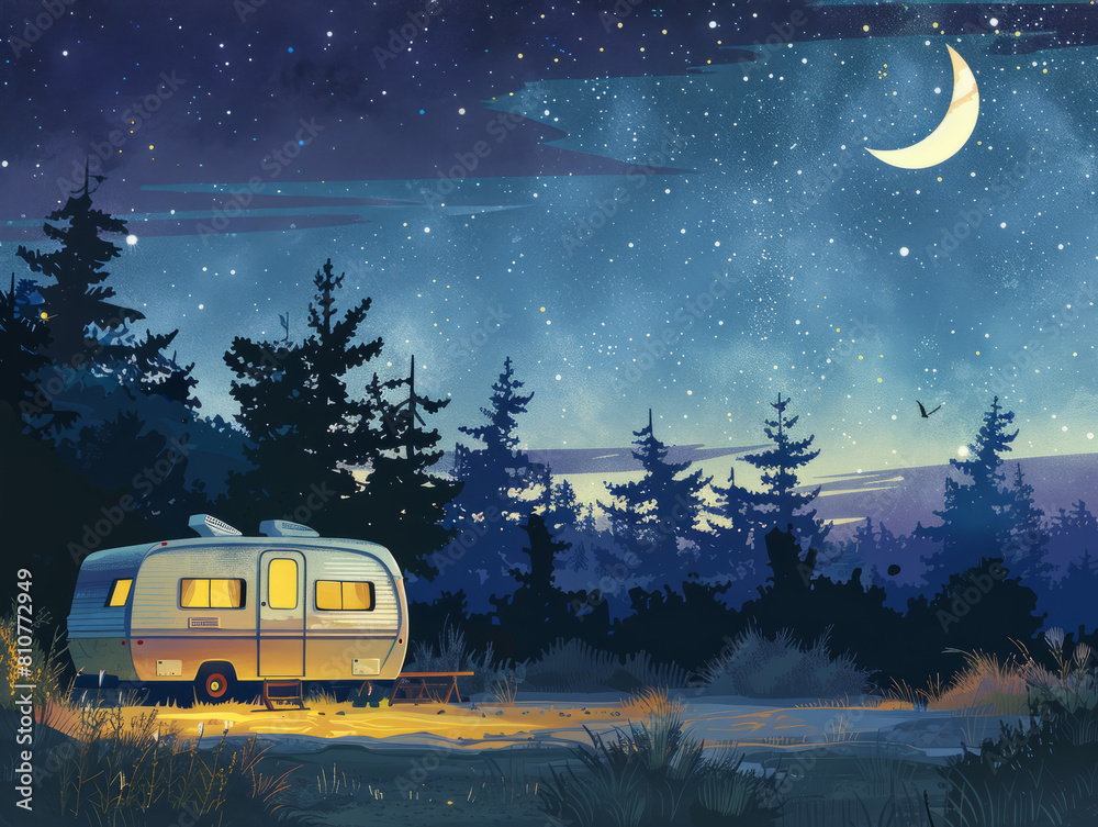 Idyllic cozy nighttime camping campground camper trailer scene with ...