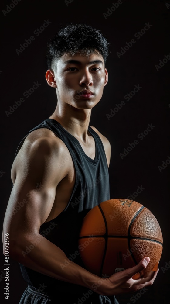 Young Asian male basketball player holding ball, ready to play match on dark background photo. Fictional Character Created By Generative AI. Young Asian male basketball player holding ball, ready to play match on dark background photo. Fictional Character Created By Generative AI.