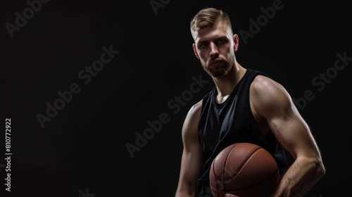 Young Australian male basketball player holding ball, ready to play match on dark background photo. Fictional Character Created By Generative AI. 