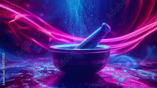 Mortar and pestle, the symbol of pharmacy, reimagined in a vivid and futuristic style 8K , high-resolution, ultra HD,up32K HD photo