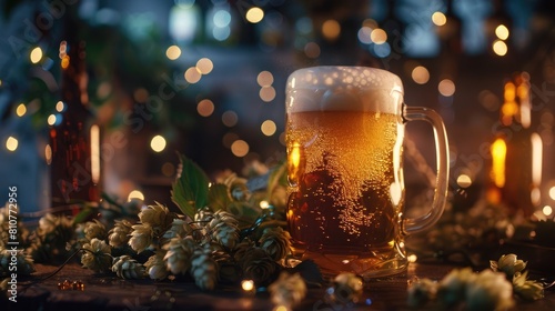 A refreshing mug of beer surrounded by hops and bottles, illuminated by vibrant, atmospheric lights