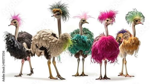 Ostrich Parade, Colorful Bird Showcasing Fashionable Apparel . Generative Ai