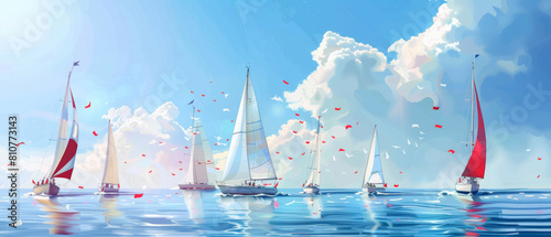 Vibrant sailboats gleam under a dreamlike sky, with whimsical clouds adorning the tranquil seas.