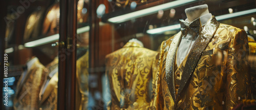 An opulent golden jacket draped over a luxurious mannequin exudes extravagance and high fashion.