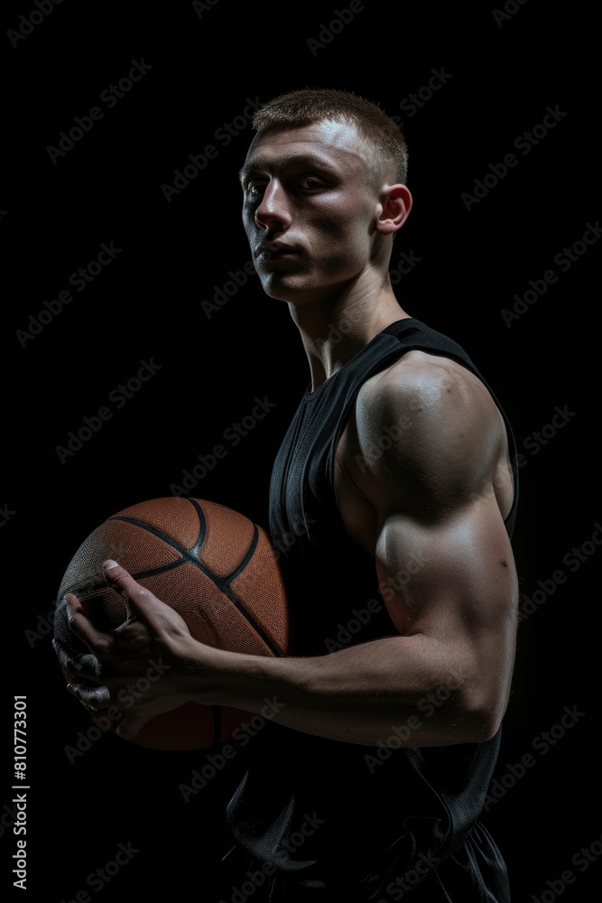 Young male basketball player holding ball, ready to play match on dark background photo. Fictional Character Created By Generative AI. Young male basketball player holding ball, ready to play match on dark background photo. Fictional Character Created By Generative AI.