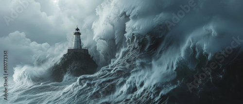 A lighthouse stands resilient amidst towering ocean waves. photo
