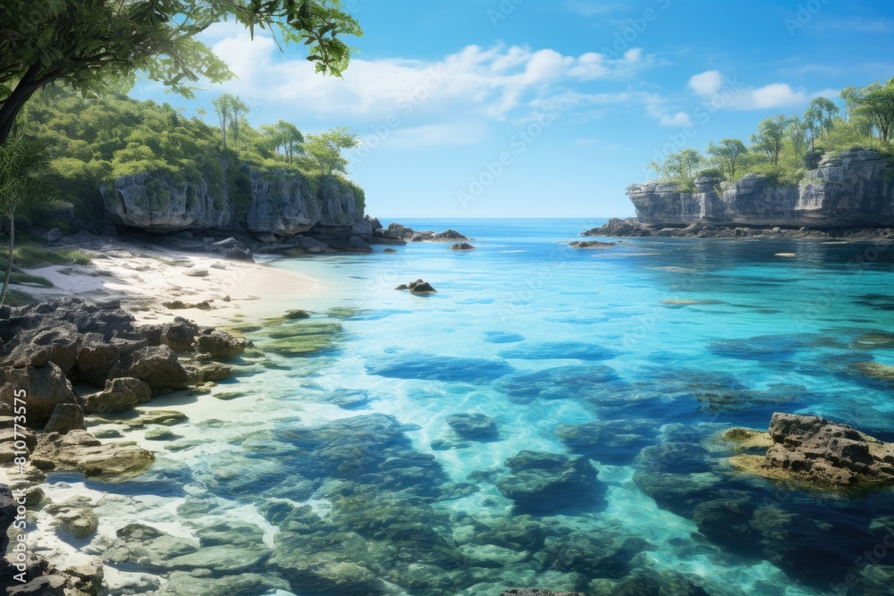 Nauru landscape. Secluded Tropical Beach with Crystal Clear Waters and Rocky Cliffs. Nauru landscape. Secluded Tropical Beach with Crystal Clear Waters and Rocky Cliffs.