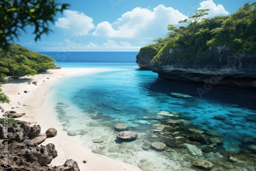 Nauru landscape. Tranquil Tropical Beach with Crystal Clear Water and Lush Greenery.