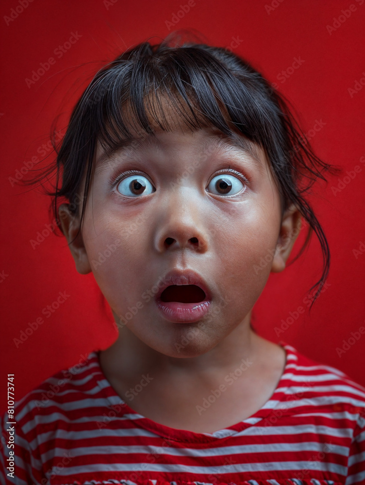 Surprised Asian girl with wide eyes on a red background. Surprised face of a child with open mouth Surprised Asian girl with wide eyes on a red background. Surprised face of a child with open mouth