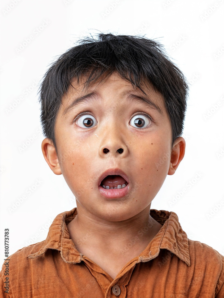 Surprised Asian boy with wide eyes on a white background. Surprised face of a child with open mouth Surprised Asian boy with wide eyes on a white background. Surprised face of a child with open mouth