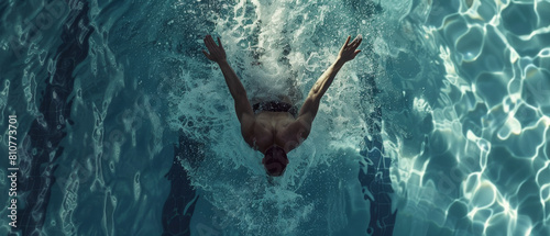 Swimmer diving into the water, creating a splash in the sunlight. photo