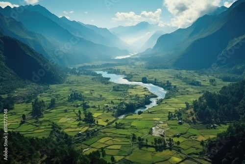 Nepal landscape. Majestic Aerial View of Lush Green Valley and Serpentine River in Mountains. © Sci-Fi Agent