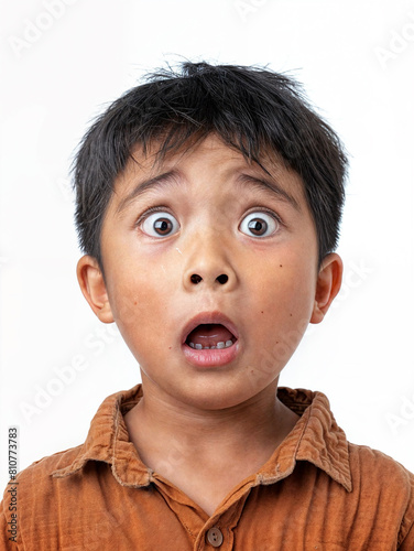 Surprised Asian boy with wide eyes on a white background. Surprised face of a child with open mouth