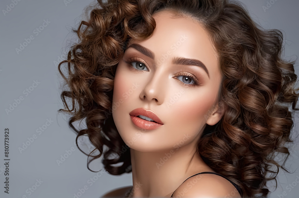 portrait of a woman with curly brunette hair, well make up, close up view, in front of grey background portrait of a woman with curly brunette hair, well make up, close up view, in front of grey background