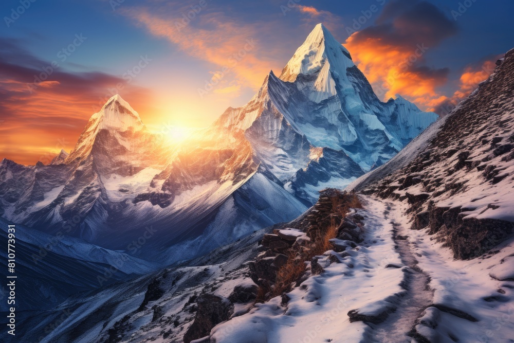 Nepal landscape. Majestic Sunrise Over Snow-Capped Mountain Peaks, Stunning Sky Colors.