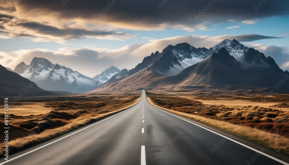 Naklejka premium road, highway, mountain, sky, landscape, travel, desert, asphalt, nature, way, clouds, route, mountains, street, transportation, country, li