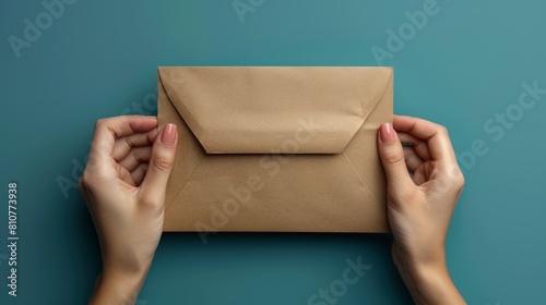 Hands holding a kraft paper envelope against a turquoise background © muji
