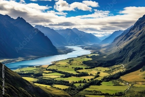 New Zealand landscape. Majestic Aerial View of a Serene Mountain Valley with a Winding River.