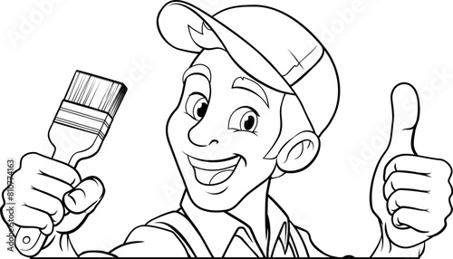 A painter decorator handyman cartoon construction man mascot character holding a paint brush tool