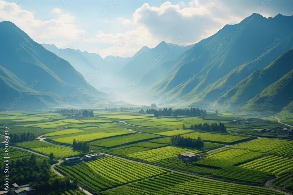 North Korea landscape. Verdant Valley: Lush Green Fields Between Majestic Mountains at Dawn. North Korea landscape. Verdant Valley: Lush Green Fields Between Majestic Mountains at Dawn.