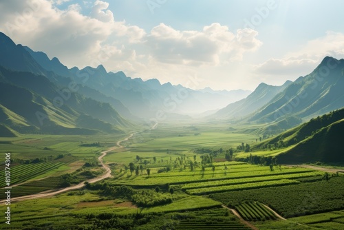 North Korea landscape. Breathtaking Landscape of Lush Green Valley and Majestic Mountain Ranges.