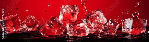 ice cubes, floating on red background