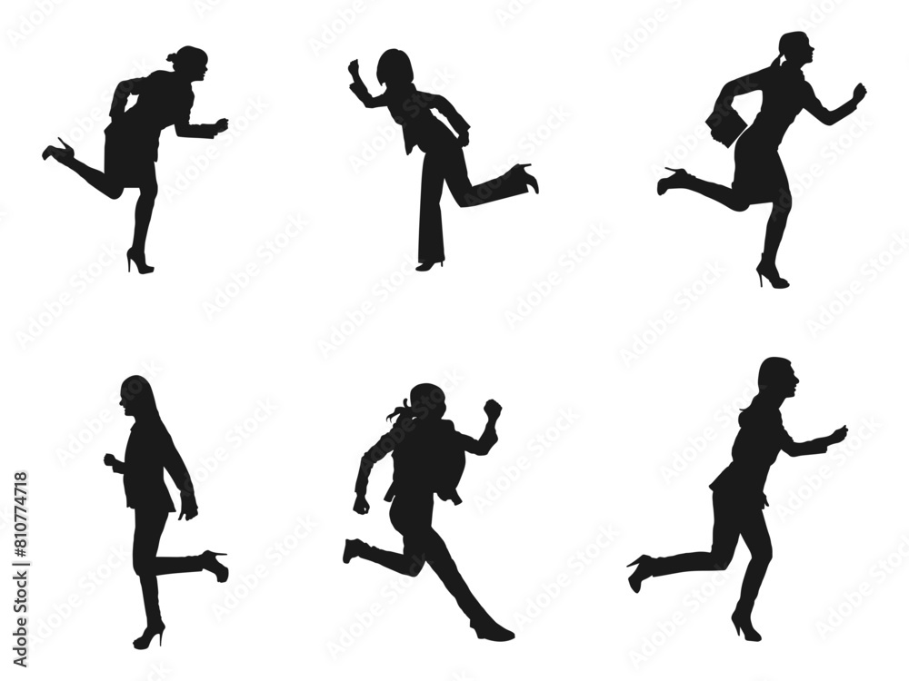 Business Woman Run silhouette. silhouette graphic of running business woman. Vector illustration of Running Silhouettes.  Business people running for success. business woman with white background.