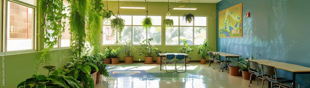A classroom that promotes a sense of calm and focus by incorporating natural elements A classroom that promotes a sense of calm and focus by incorporating natural elements