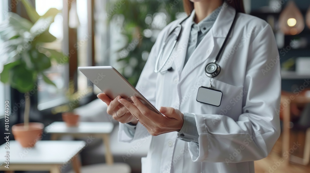 Doctor in white lab coat using a digital tablet in a modern clinic Doctor in white lab coat using a digital tablet in a modern clinic