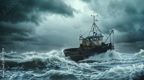 A fishing trawler bravely navigates through tumultuous ocean waters under stormy skies.
