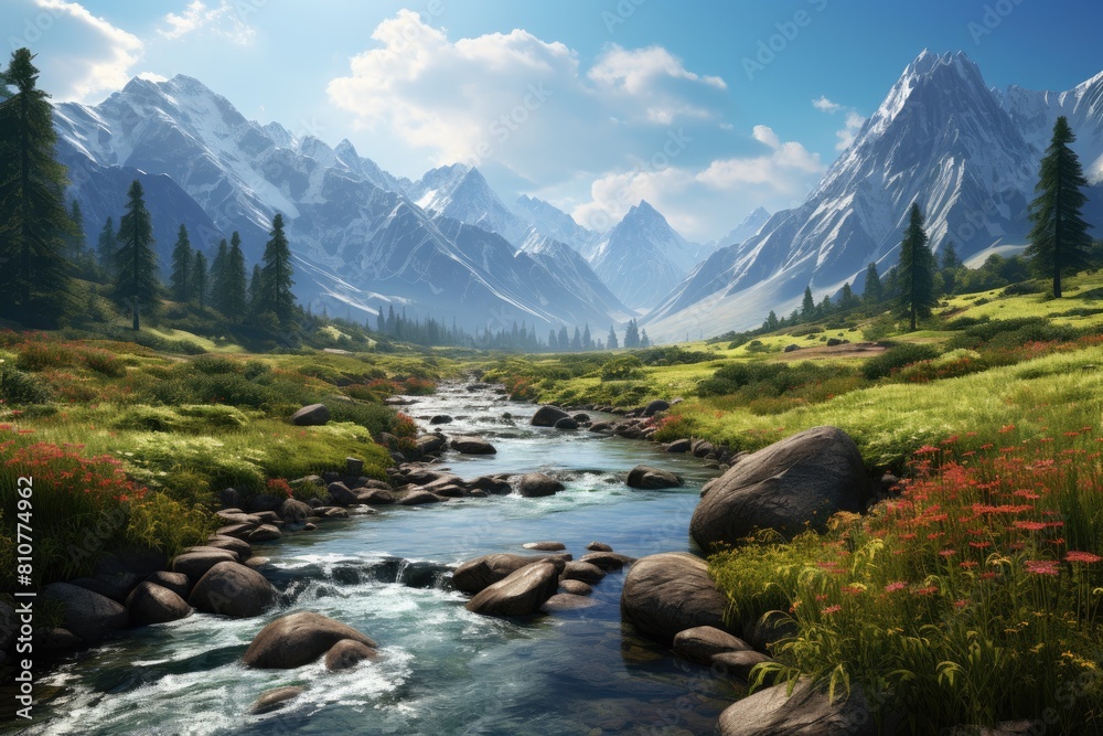 Tajikistan landscape. Majestic Mountain Landscape with Serene River and Lush Meadows.