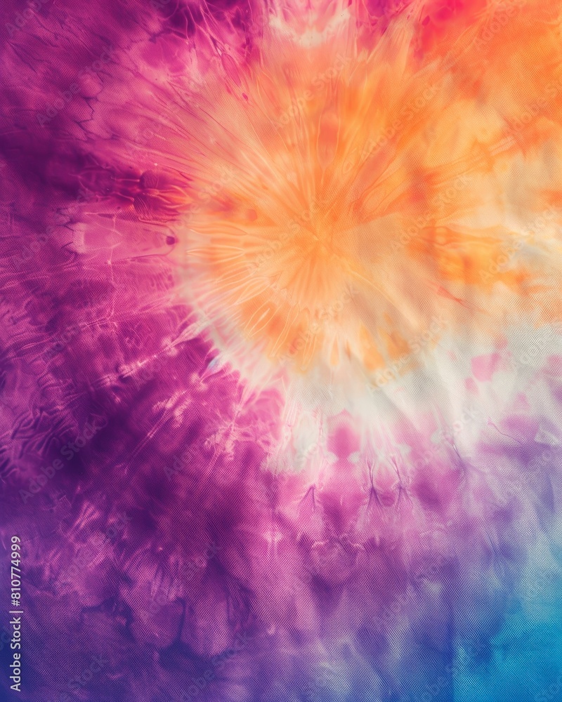 Vibrant tie-dye pattern with swirling rainbow colours on a textured background.