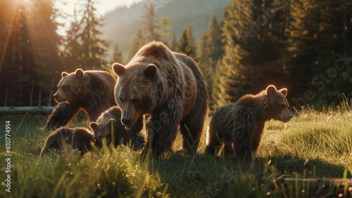 A family of brown bears in a forest clearing during golden hour, creating a tranquil wildlife portrait.
