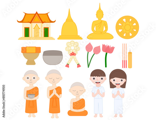 Set of thai buddhism.Happy Vesak Day Budha Purnima.Makha bucha day.Religion and culture.Monk character and temple.Graphic flat design.Sign, symbol, icon or logo isolated.Cartoon vector illustration.
