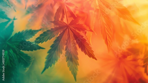 Dreamy gradient of cannabis leaves in red  orange  and green with a soft focus.