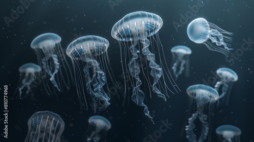 Ethereal jellyfish floating in a deep blue oceanic abyss. © VK Studio