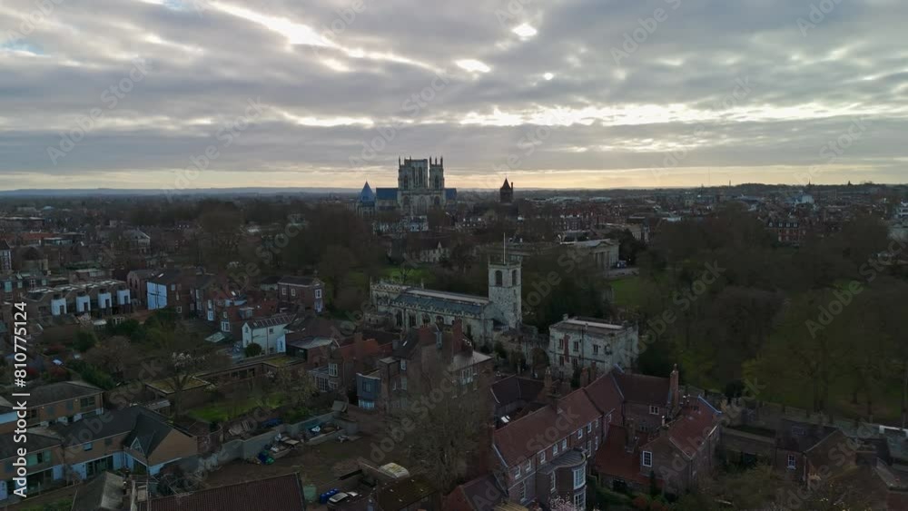 Rising Establishing Drone Shot of York City at Sunrise Yorkshire UK Rising Establishing Drone Shot of York City at Sunrise Yorkshire UK