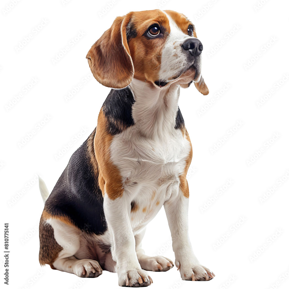 Beagle with floppy ears perked up , die-cut PNG style isolated on white and transparent background